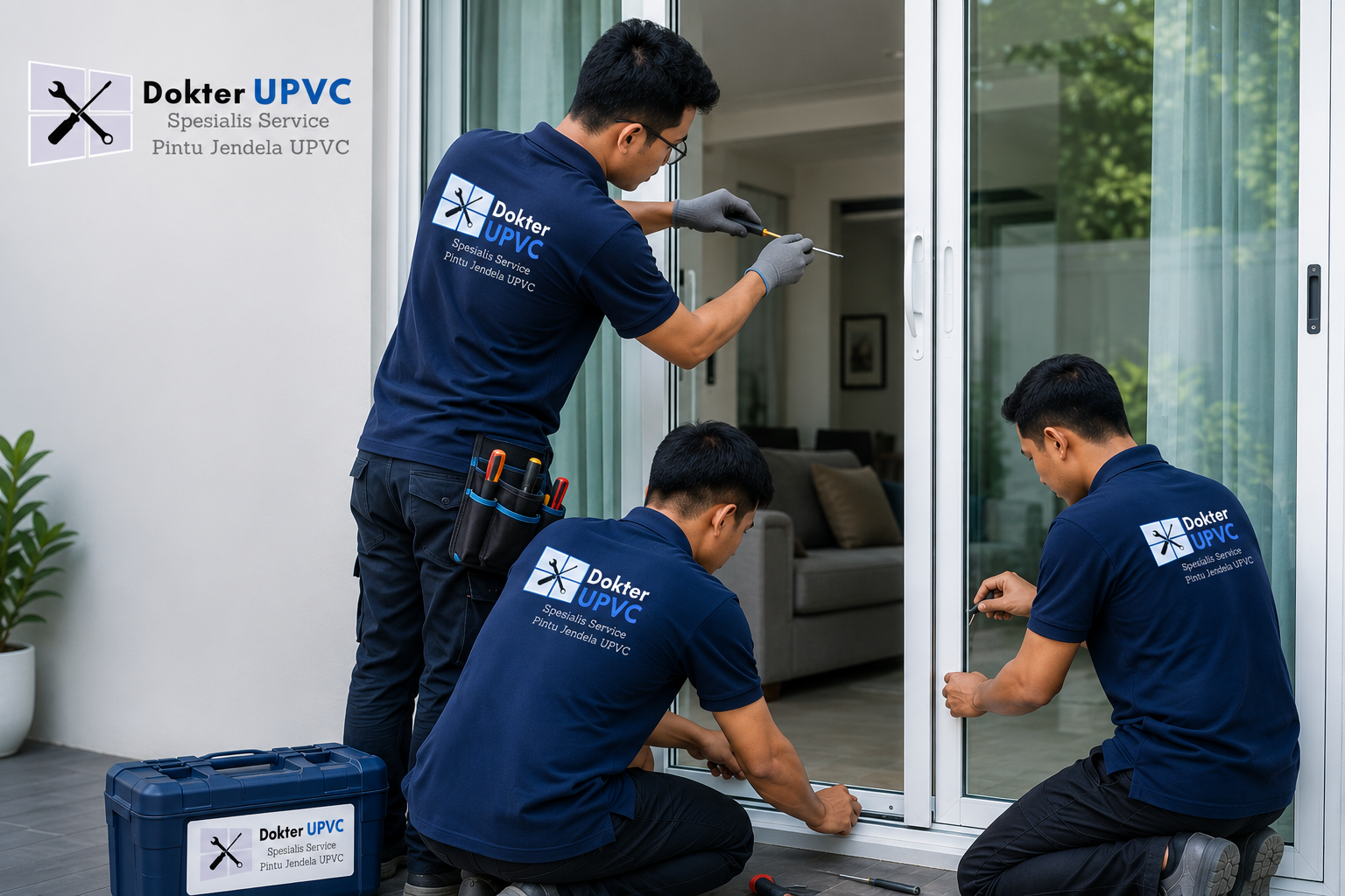 Tim teknisi DokterUPVC sedang memperbaiki pintu UPVC